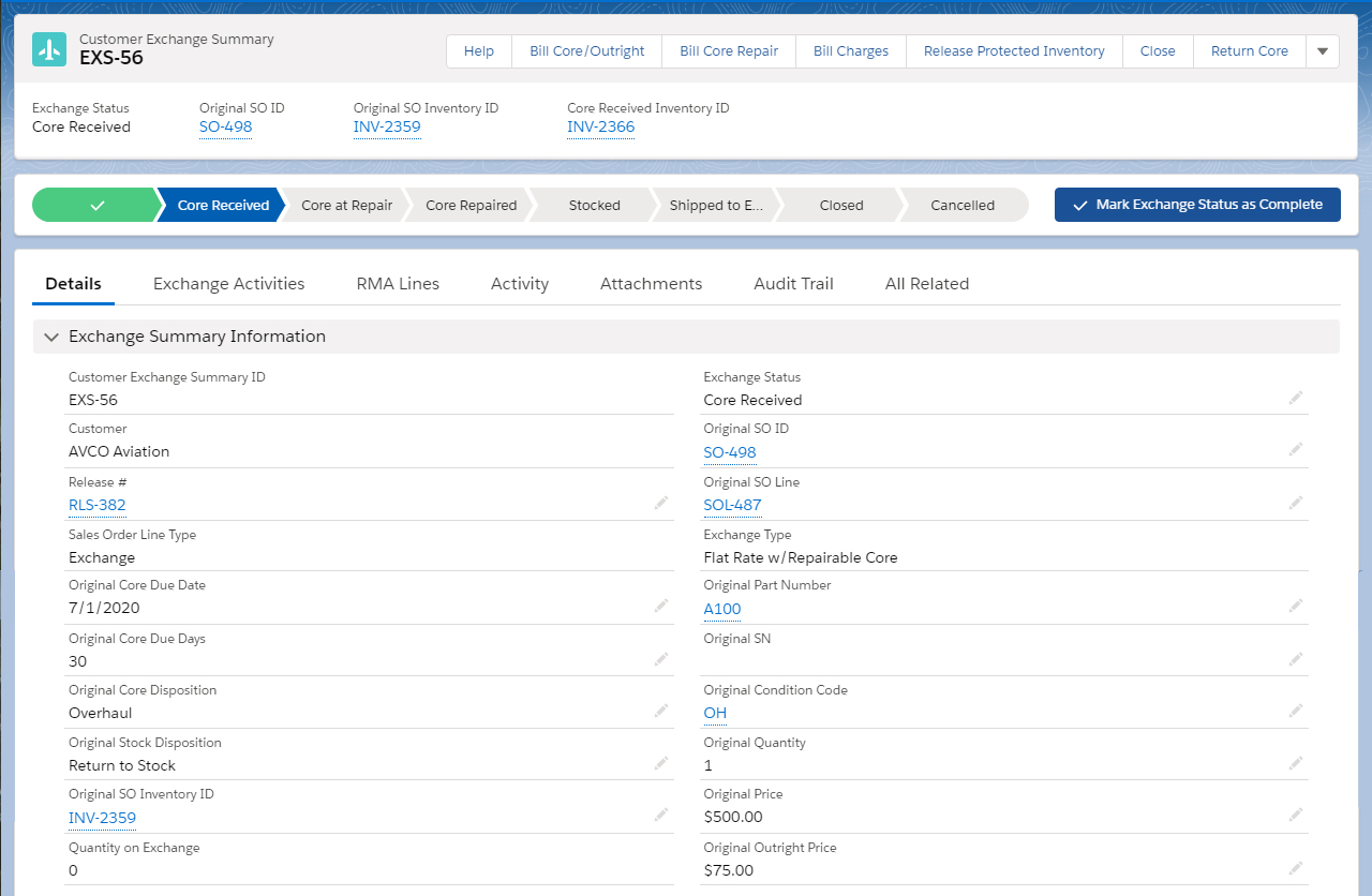 Sales Order Core Exchanges – AvSight Support